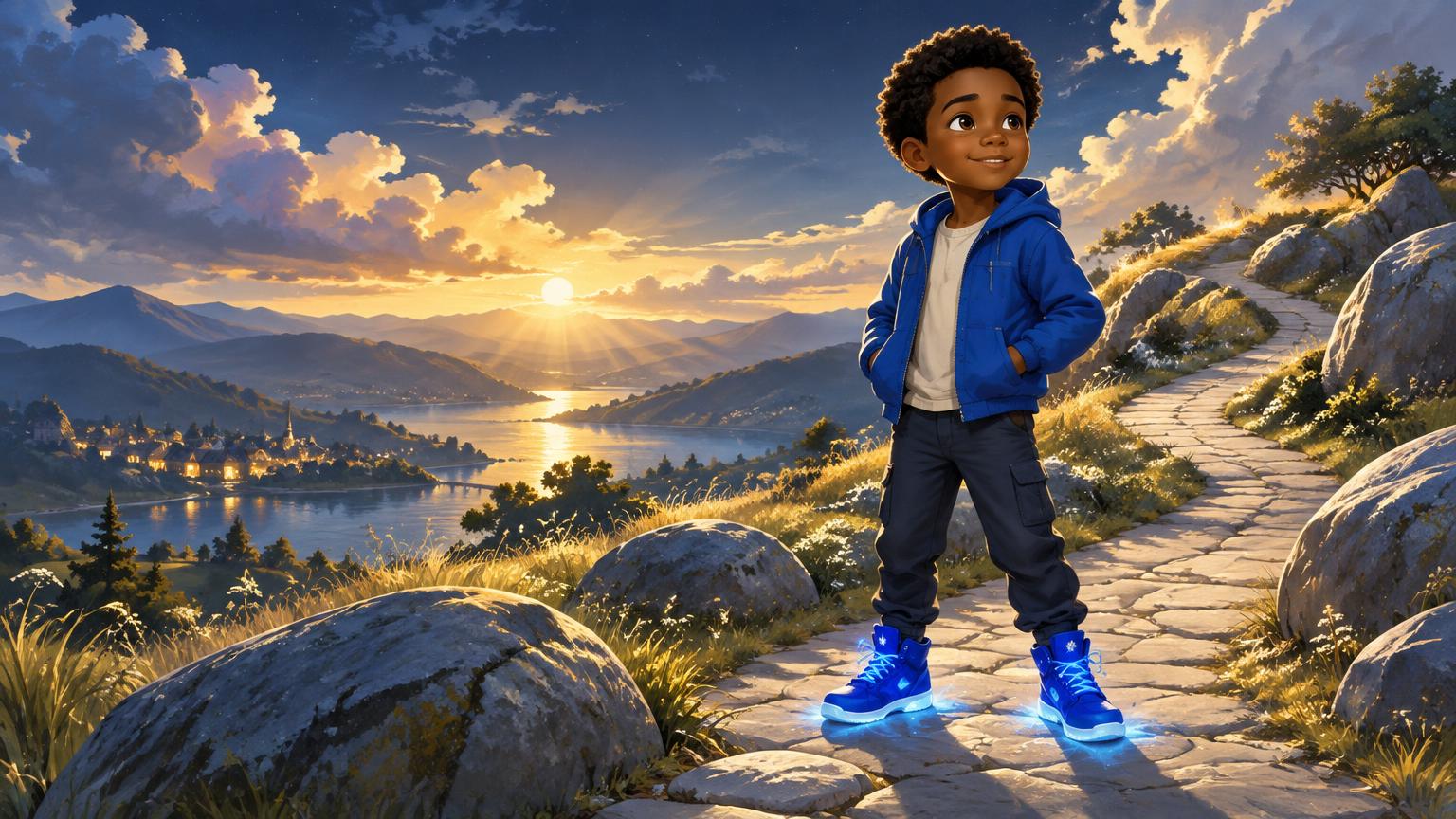Ari stands on a winding path in his glowing blue shoes